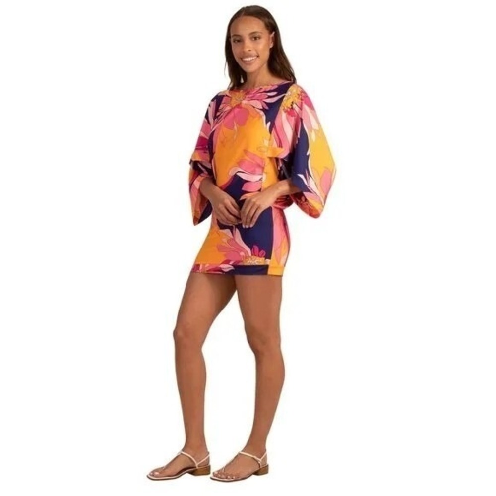 Trina Turk Women Retro 70s Tropical Floral Batwing Mini Dress M Blue Yellow NEW